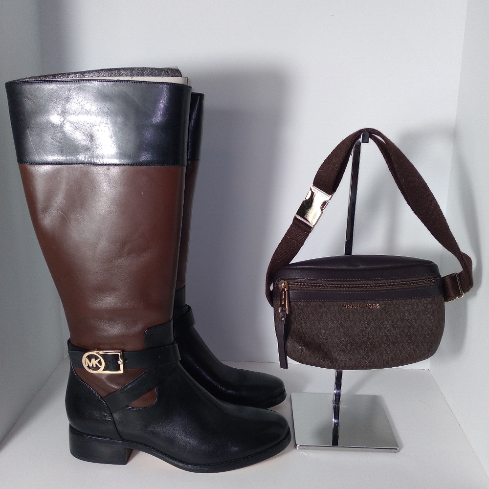 Micheal Kors Brown/Black Bryce Tall Boot w/MK Logo Fanny Pack Bundle Size 9M